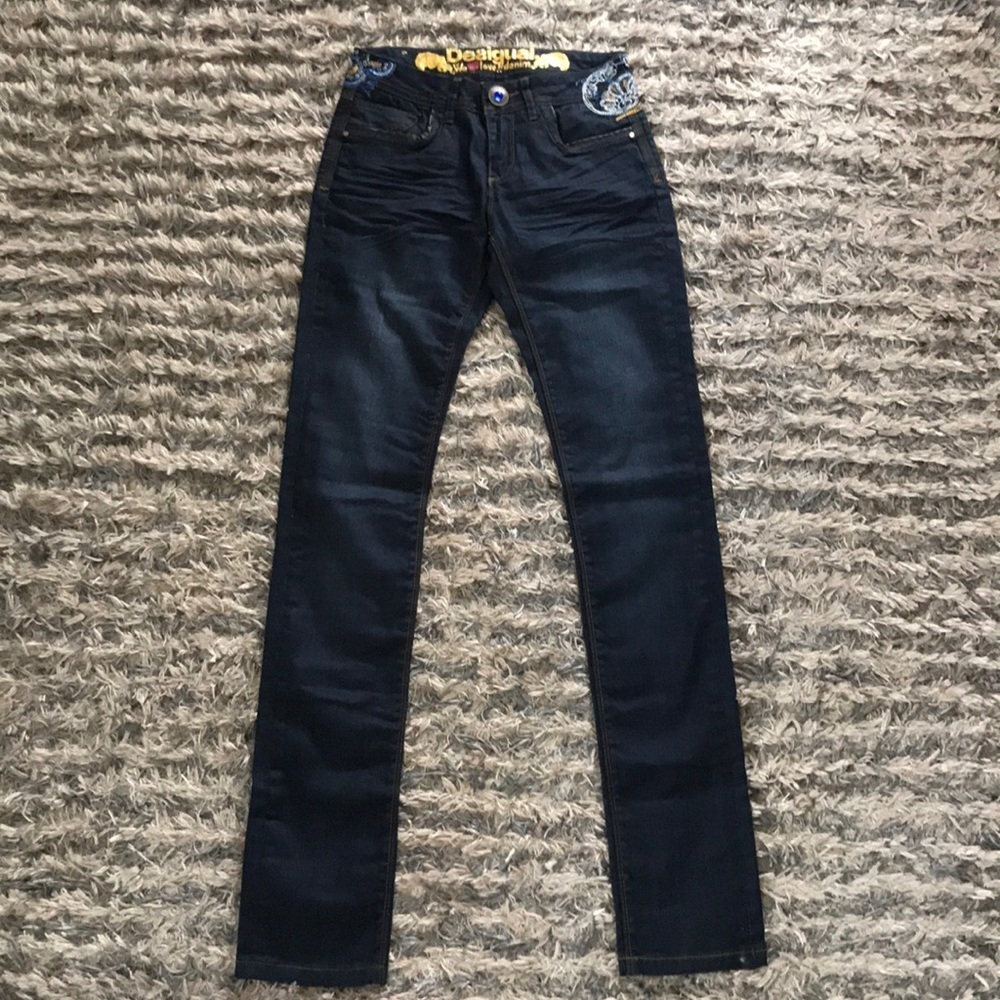 Desigual Dark Blue Cotton Skinny Jeans with Embroidered Design Size 26